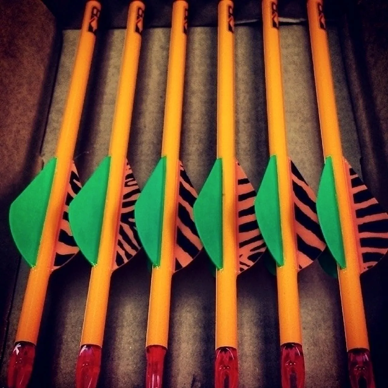 A set of custom arrows, cut and fletched to one setup